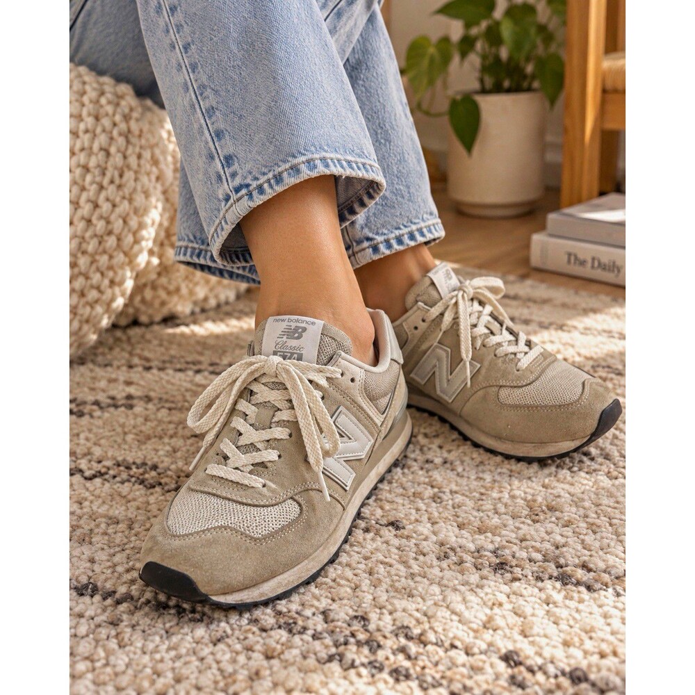 New Balance 574 Low Top Lace-Up Sneakers Womens White/Gray Suede Mesh 10